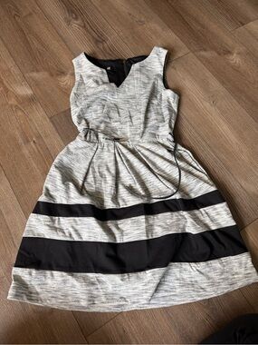 Iz Byer Gray and Black Striped Belted Fit-and-Flare Midi Dress